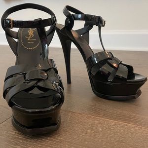 Saint Laurent YSL Tribute Platform Sandal in Black Patent Leather.